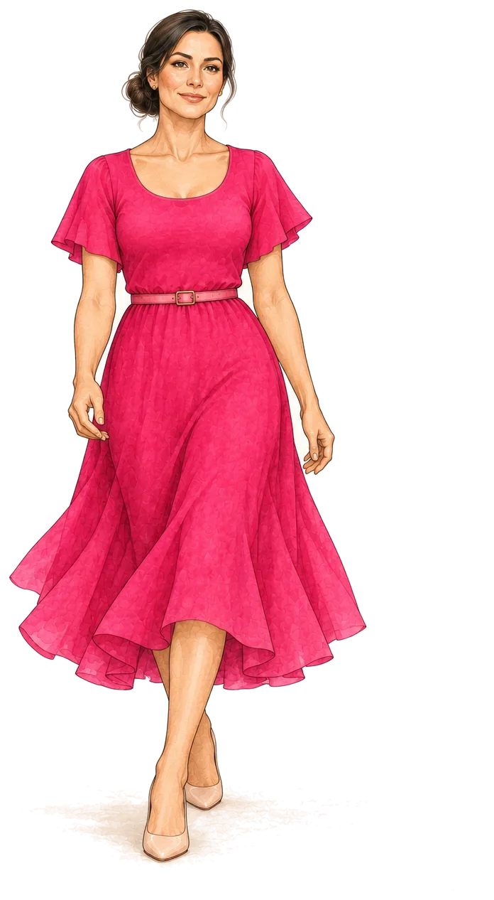 Ilustração de uma mulher de vestido fúcsia caminhando com postura elegante