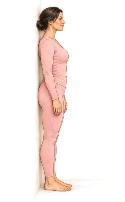 Ilustração de mulher de costas para a parede fazendo o teste de postura